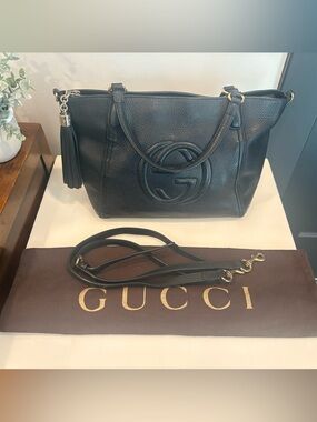 Gucci Black Pebbled Leather Tote with Tassel Accent